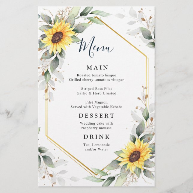 Elegant Sunflowers Greenery Wedding Dinner Menu (Front)