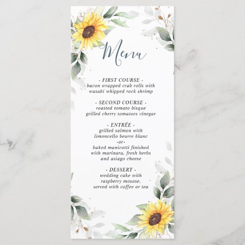Elegant Sunflowers Greenery Wedding Menu Card