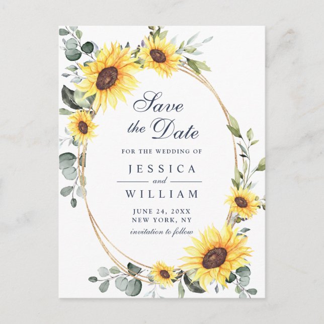 Elegant Sunflowers Greenery Wedding Save the Date Postcard (Front)