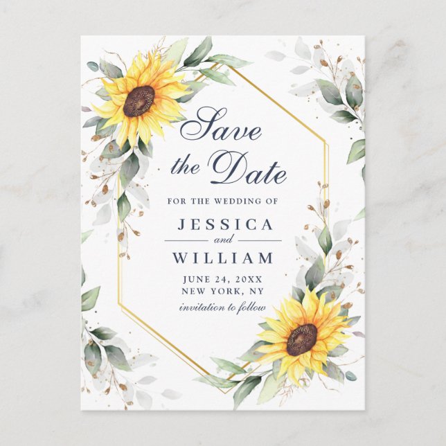 Elegant Sunflowers Greenery Wedding Save the Date  Postcard (Front)