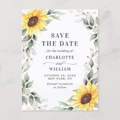 Elegant Sunflowers Greenery Wedding Save the Date  Postcard