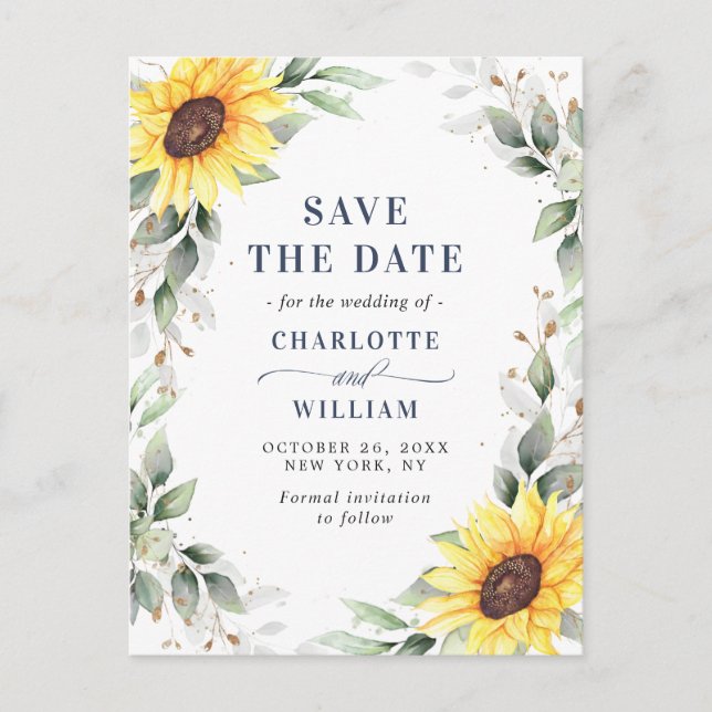 Elegant Sunflowers Greenery Wedding Save the Date  Postcard (Front)