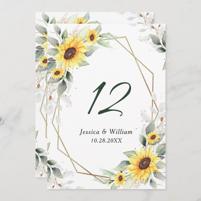 Elegant Sunflowers Greenery Wedding Table Number (Front/Back)