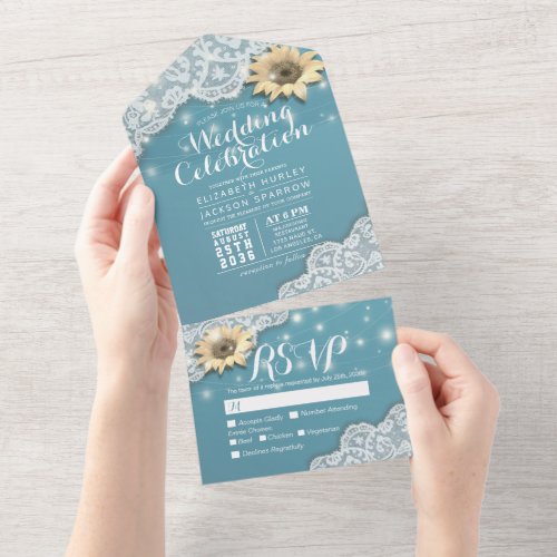 Elegant Sunflowers Lace String Lights Wedding RSVP All In One Invitation