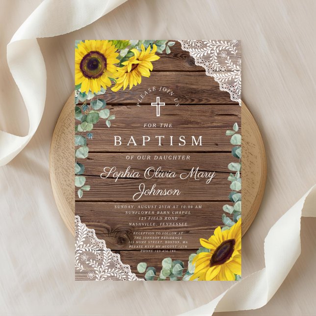 Elegant Sunflowers Lace Wood Cross Baptism Invitation (Front Elegant Sunflowers Lace Wood Cross Baptism Invitation)