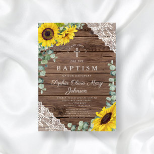 Elegant Sunflowers Lace Wood Cross Baptism Invitation
