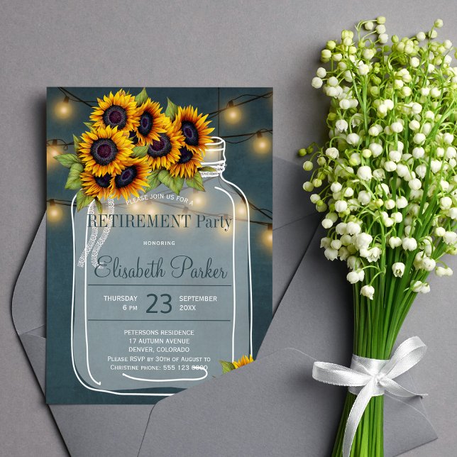Elegant sunflowers mason jar navy retirement party invitation (Creator Uploaded)