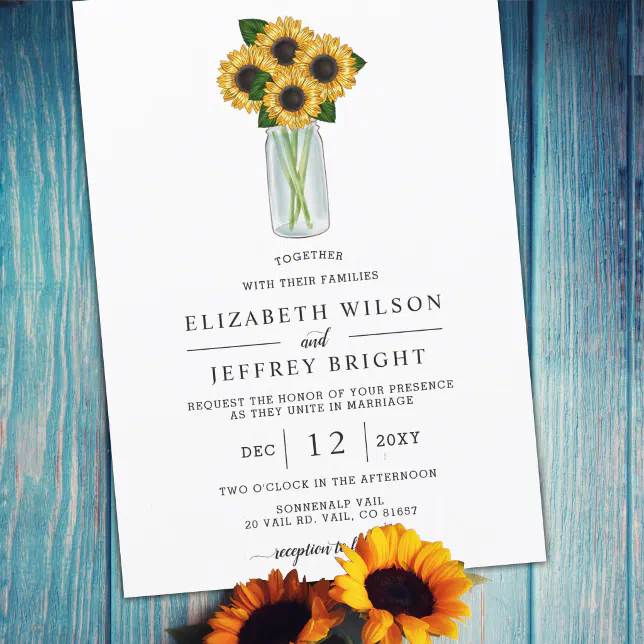 Elegant Sunflowers Mason Jar Wedding Invitation Zazzle