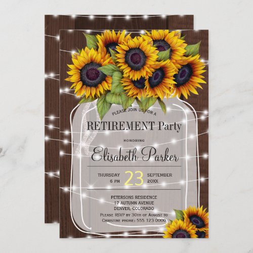 Elegant sunflowers mason jar wood retirement party invitation