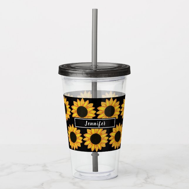 Elegant Sunflowers On Black Acrylic Tumbler (Front)