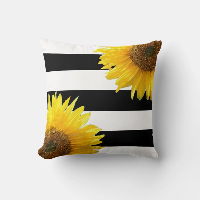 Elegant Sunflowers on Black & White Striped Throw Pillow (Front)