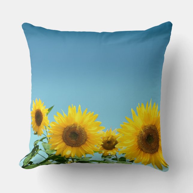 Elegant Sunflowers on Sky Blue Shades Throw Pillow (Front)