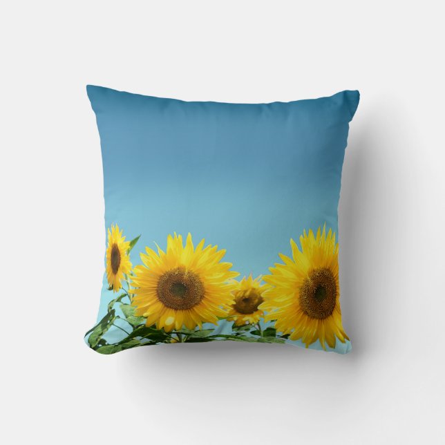Elegant Sunflowers on Sky Blue Shades Throw Pillow (Front)