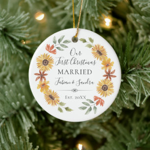 Elegant Sunflowers Our First Christmas Married Ceramic Ornament