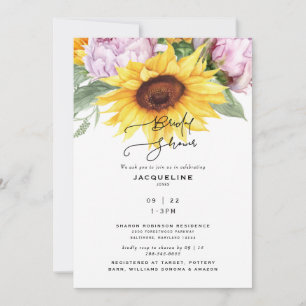 Elegant Sunflowers & Peonies White Bridal Shower Invitation