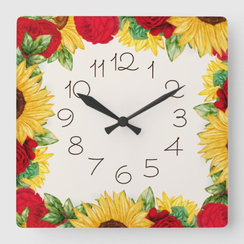 Elegant Sunflowers Red Roses Country  Square Wall Clock