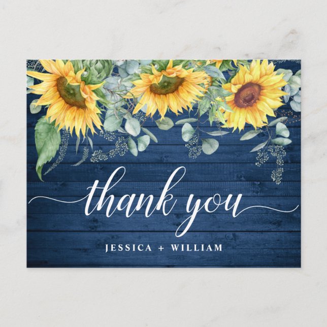 Elegant Sunflowers Rustic Wood Wedding Thank You Postcard (Front)
