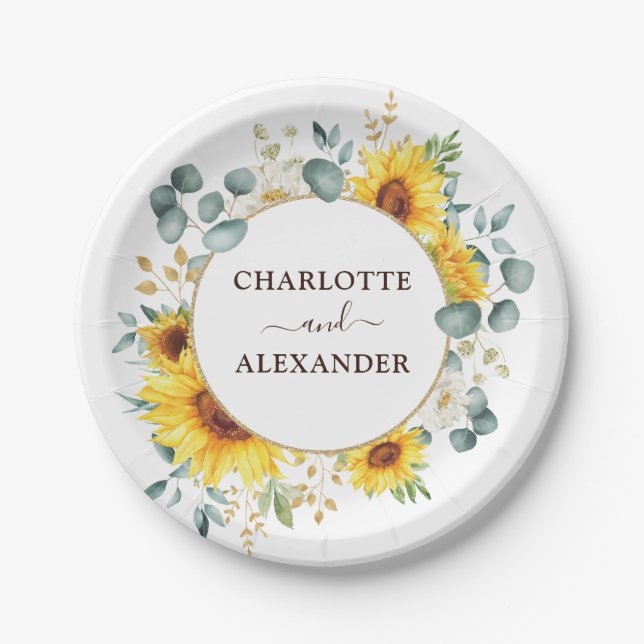 Elegant Sunflowers Summer Floral Garden Wedding Paper Plates (Front)