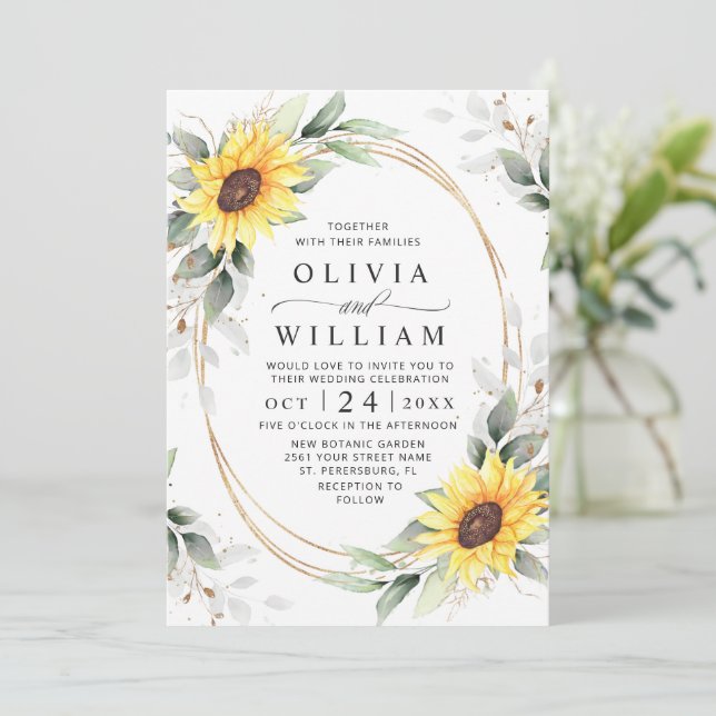 Elegant Sunflowers Watercolor Greenery Wedding Invitation (Standing Front)