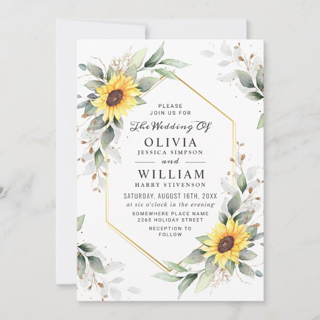 Elegant Sunflowers Watercolor Greenery Wedding Invitation (Front)