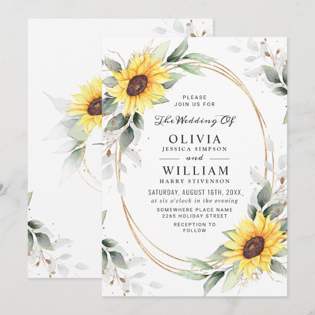 Elegant Sunflowers Watercolor Greenery Wedding Invitation (Front/Back)