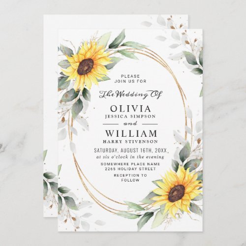 Elegant Sunflowers Watercolor Greenery Wedding Invitation