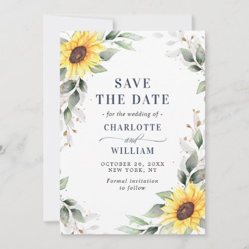 Elegant Sunflowers Watercolor Greenery Wedding Save The Date