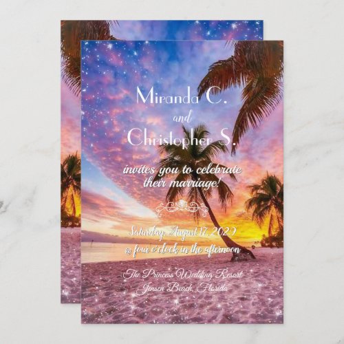 Elegant Sunset Beach and Stars Summer Wedding Invitation