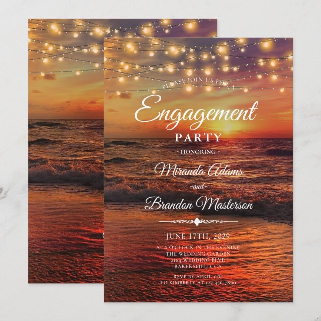 Elegant Sunset Beach Light Summer Engagement Party Invitation (Front/Back)