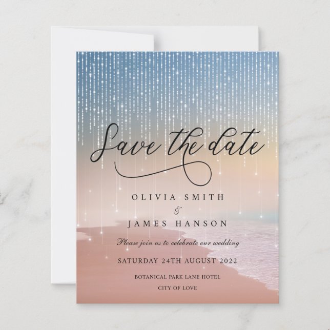 Elegant sunset beach lights wedding Save the date (Front)