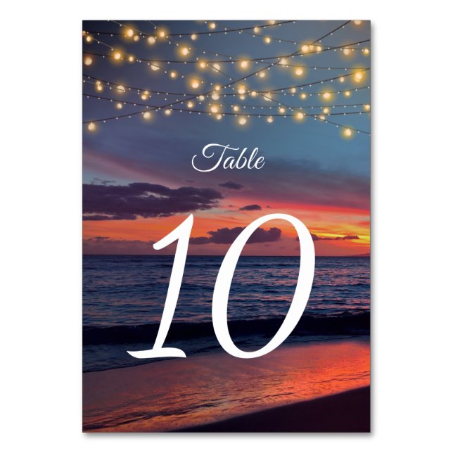 Elegant Sunset Beach String Light Summer Wedding Table Number (Front)