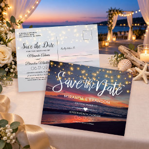Elegant Sunset Beach String Lights Summer Wedding Announcement Postcard