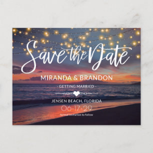 Elegant Sunset Beach String Lights Summer Wedding Announcement Postcard
