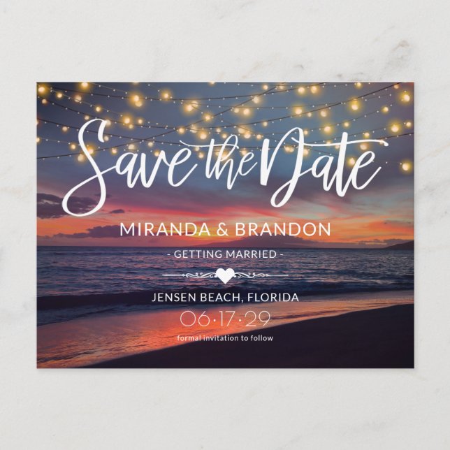 Elegant Sunset Beach String Lights Summer Wedding Announcement Postcard (Front)