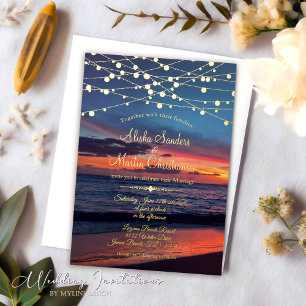Elegant Sunset Beach String Lights Summer Wedding Foil Invitation