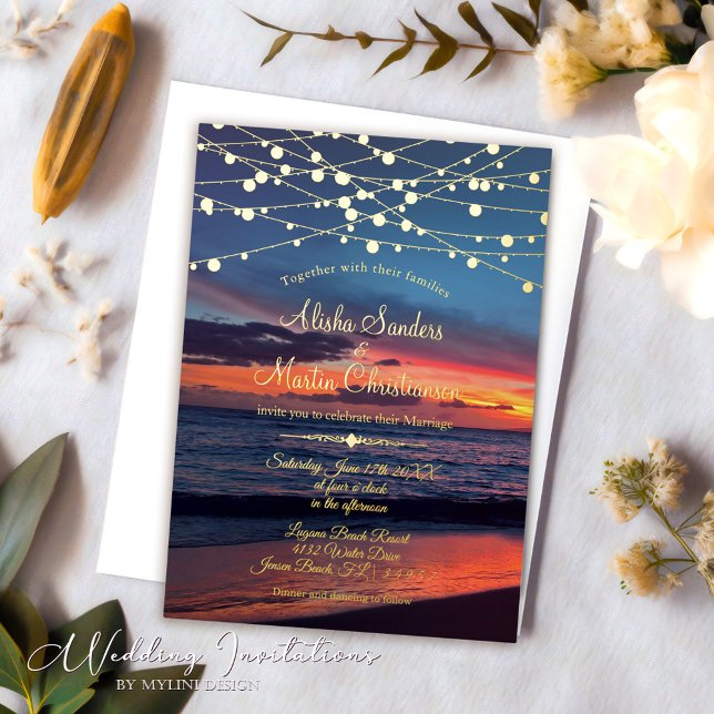 Elegant Sunset Beach String Lights Summer Wedding Foil Invitation (Creator Uploaded)