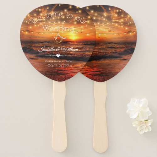 Elegant Sunset Beach String Lights Summer Wedding Hand Fan