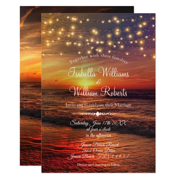 256781166332870994 Elegant Sunset Beach String Lights Summer Wedding Invitation