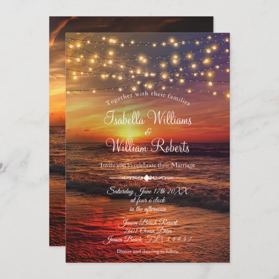 Elegant Sunset Beach String Lights Summer Wedding Invitation