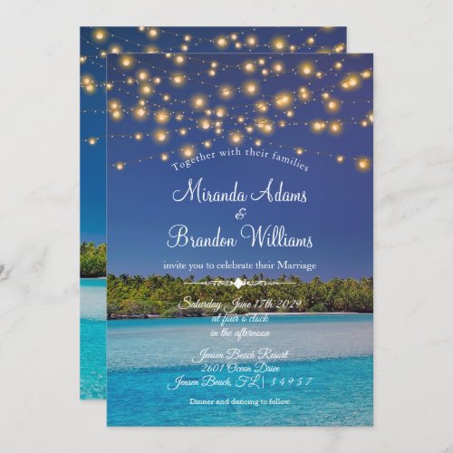 Elegant Sunset Beach String Lights Summer Wedding Invitation