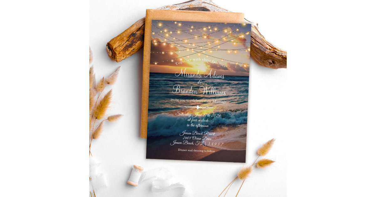 Elegant Sunset Beach String Lights Summer Wedding Invitation | Zazzle