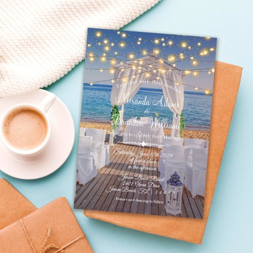 Elegant Sunset Beach String Lights Summer Wedding Invitation