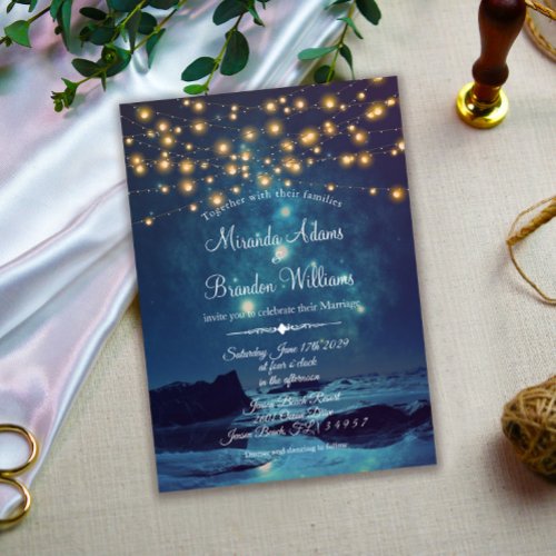 Elegant Sunset Beach String Lights Summer Wedding Invitation