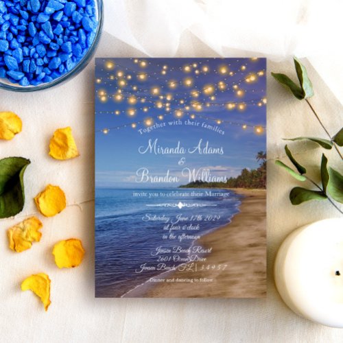 Elegant Sunset Beach String Lights Summer Wedding Invitation