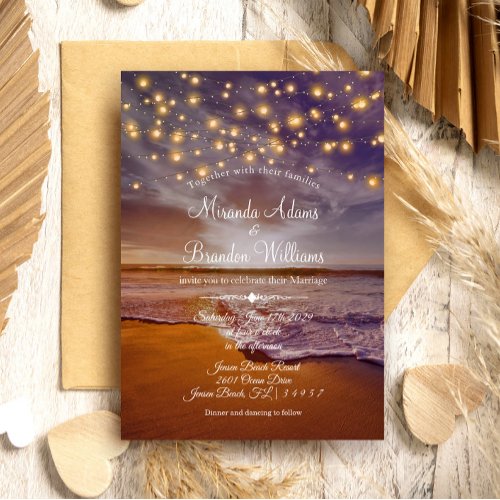 Elegant Sunset Beach String Lights Summer Wedding  Invitation