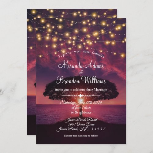 Elegant Sunset Beach String Lights Summer Wedding Invitation