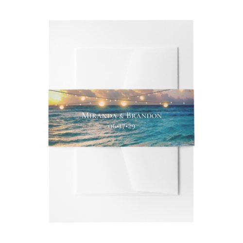 Elegant Sunset Beach String Lights Summer Wedding  Invitation Belly Band