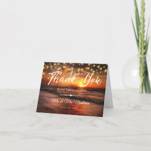 Elegant Sunset Beach String Lights Summer Wedding Letterpress Thank You Card