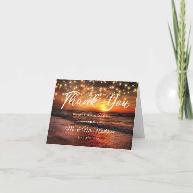 Elegant Sunset Beach String Lights Summer Wedding Letterpress Thank You Card (Front)