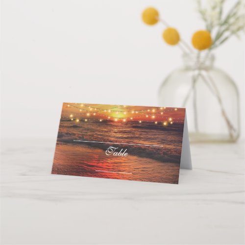 Elegant Sunset Beach String Lights Summer Wedding Place Card